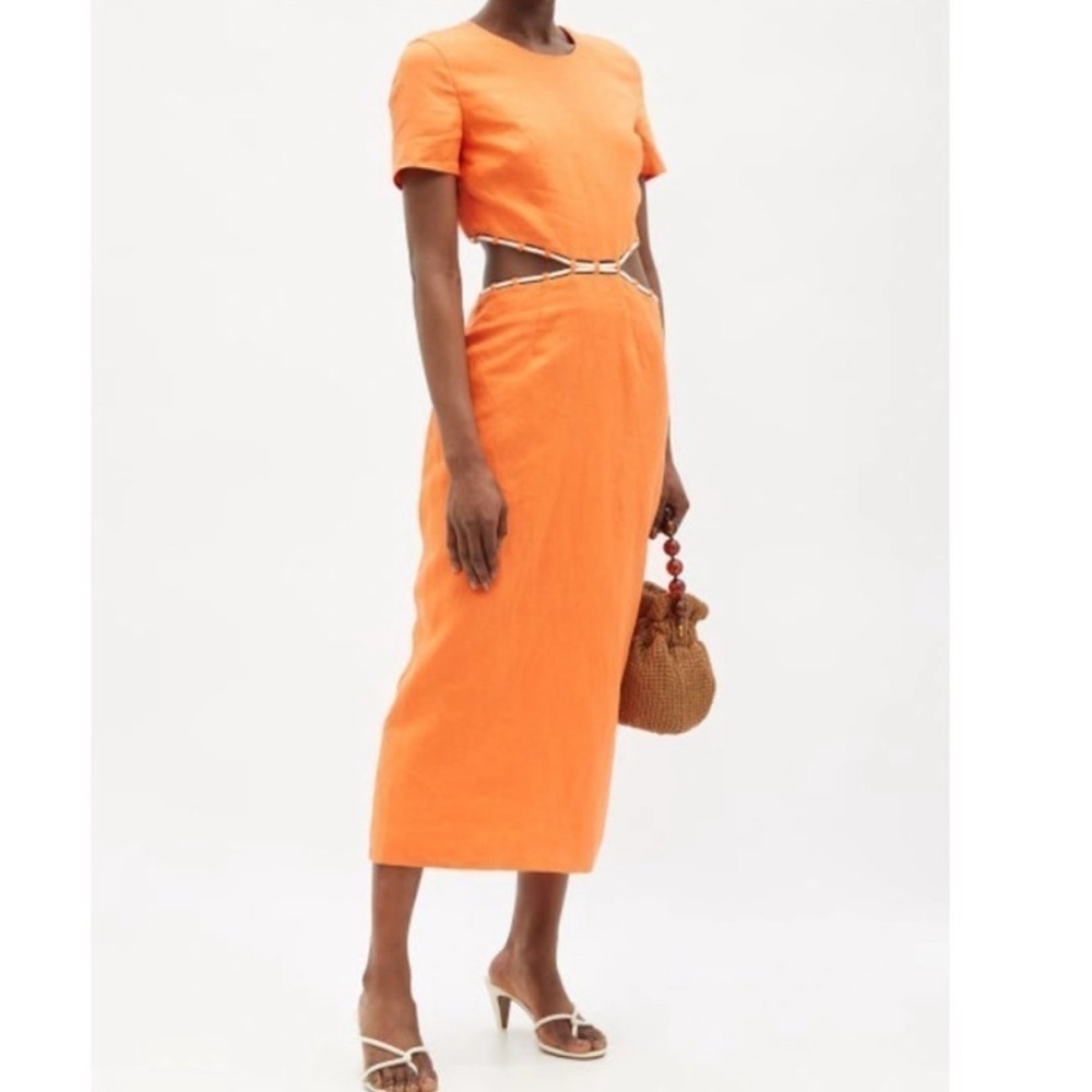 STAUD Matteo cutout linen midi dress in orange size 12